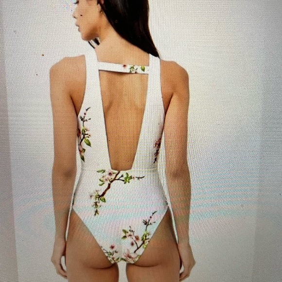 FOREVER 21 CHERRY BLOSSOM DESIGN DEEP NECK PLUNGE ONE PIECE BATHING SUIT SIZE LG - Picture 1 of 16